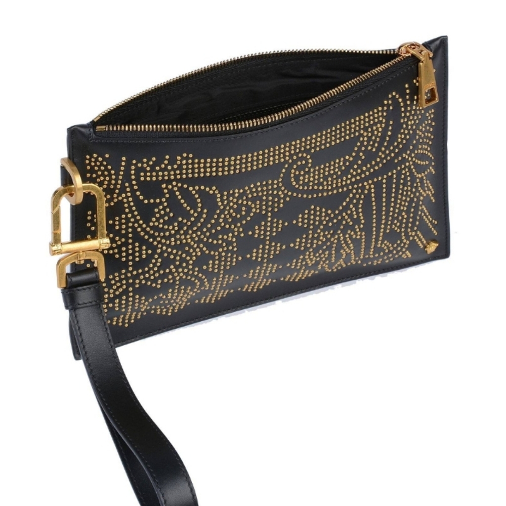 Versace black leather gold studded wristlet/clutch with detachable wrist strap.